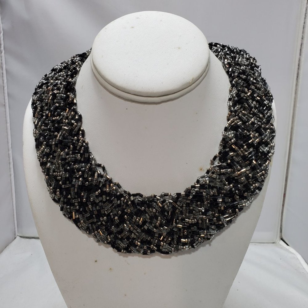 Signature Black silver braided seed bead Bohemian necklace